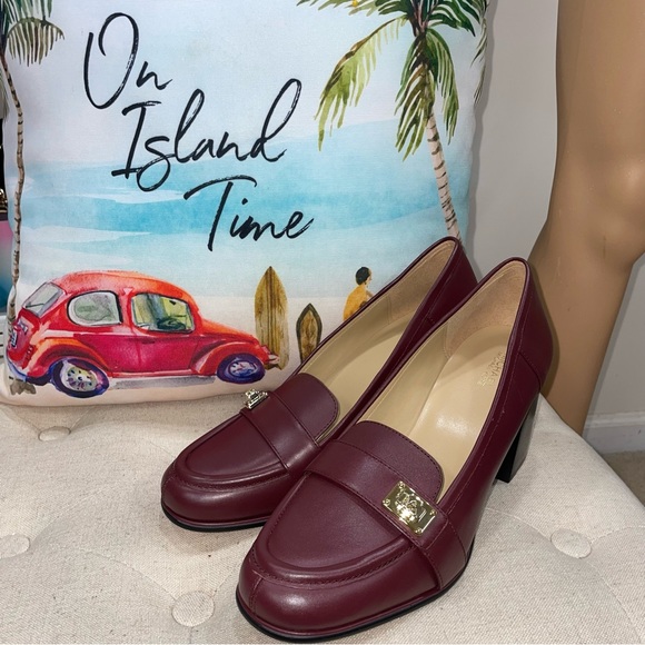 Michael Kors NWOB! Leather Merlot Burgundy  Padma Mid Loafer Pumps Block Heel - Picture 2 of 14